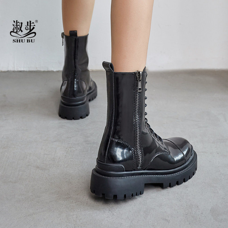 淑步新款墨綠色馬丁靴女英倫風夏季薄款厚底靴漆皮短靴3340碼