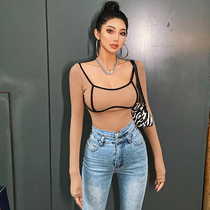 Helen Sexy wide-neck one-piece top Womens chest slim T-shirt color edge tight thin short base shirt