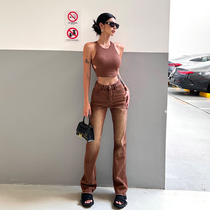 Helen European and American high waist jeans women (heavy work washed brown) with hip and spicy girl pants with thin straight and long pants