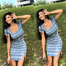 Helen European and American sexy one-piece dress (schoolgirl skirt) striped knit pack hip skirt with a slim fit and short skirt