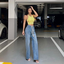 Helen (March 21 20 points open for snatched) high waist jeans female tightness waist strap straight drum pants