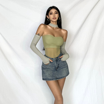 Helen European and American sexy hot girl blouse with female focus goddess with a single-shoulder design feel mesh yarn to beat the bottom