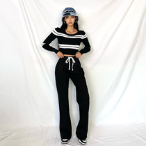 Helen Casual Knit Suit Pants Woman Knit Striped Short Blouse High Waist Casual Broadlegged Pants Loose two-piece set