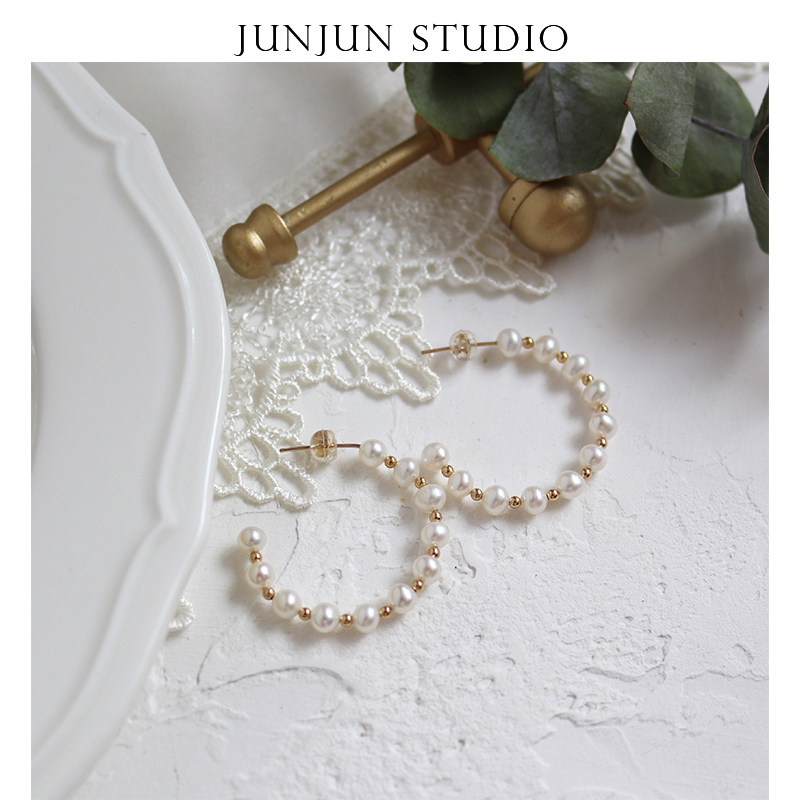 JUNJUN self-made freshwater pearl big earrings classic basic star with the same American 14k gold injection earrings
