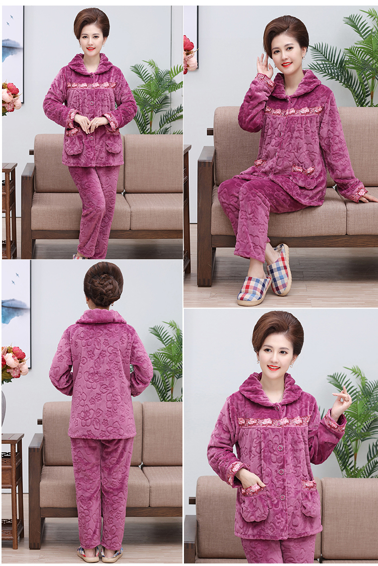 Mùa thu và mùa đông phụ nữ tay dài thả lỏng flannel trung niên mẹ san hô lông cừu trung niên đồ ngủ bộ ngủ