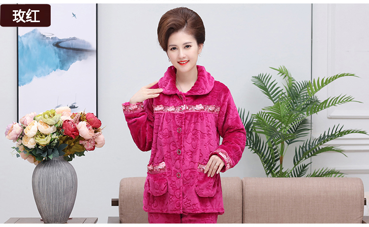 Trung niên và tuổi già mùa thu và mùa đông san hô lông cừu phụ nữ dày flannel cộng với phân bón XL tuổi trung niên mẹ đồ ngủ bộ đồ ngủ