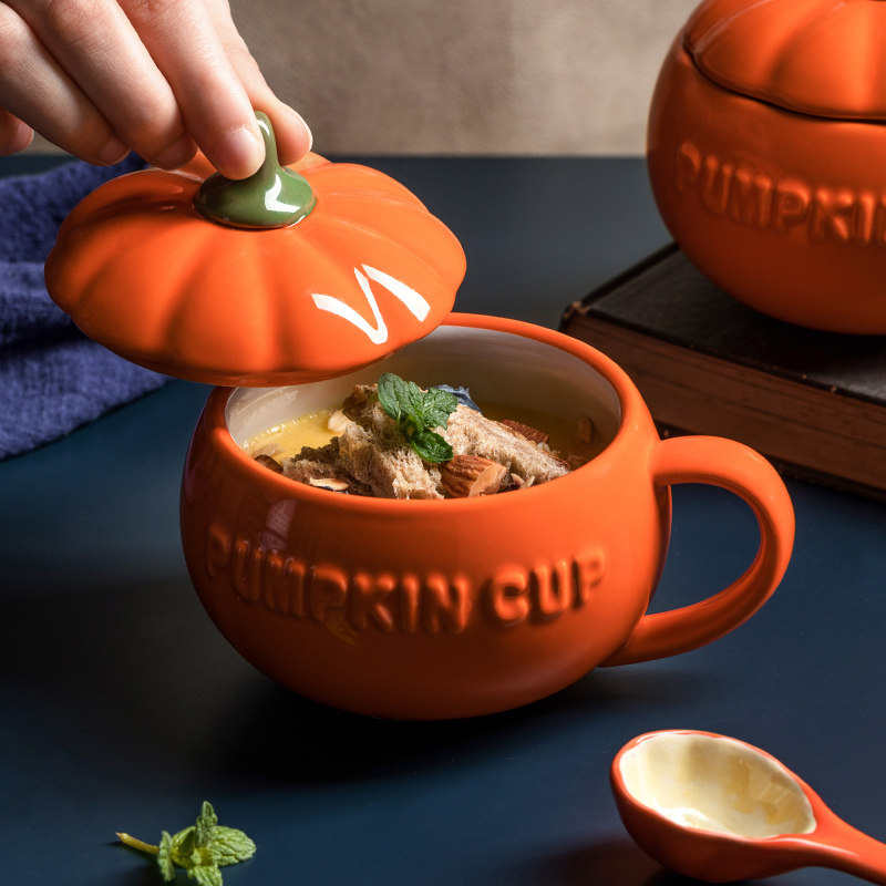 Pumpkin cup ceramic water cup with lid female cute mug large capacity breakfast cup spoon cereal coffee gift