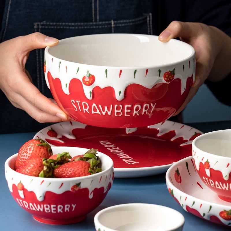 Bowl Single Creative Personality Bubble Noodle Bowl Soup Bowl Large Noodle Bowl Strawberry Bowl rice bowls Tableware Teen Hearts Cute home
