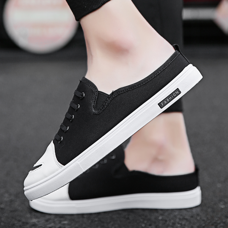 Men's shoes Summer breathable One foot pedal trend Leisure sloth man Bean Tide Shoes Baotou No Heel Canvas Semi-Slipper Male