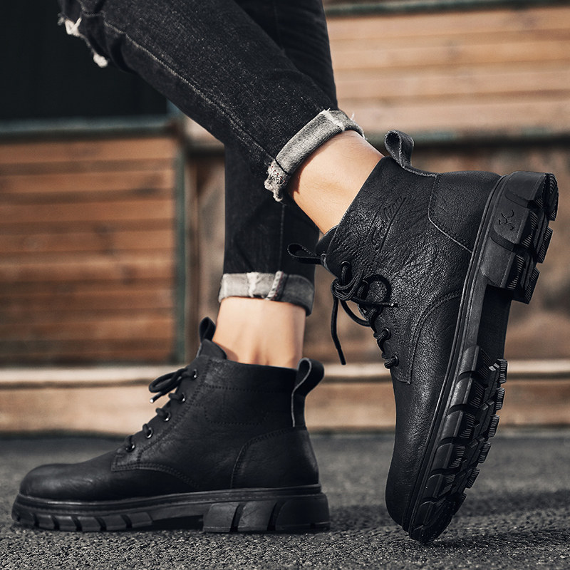 Martin Boots for Men, Winter 2026 New Style, British Style High-Top Casual Leather Shoes, Pure Black Mid-Top Height-Increasing Workwear Trendy Shoes