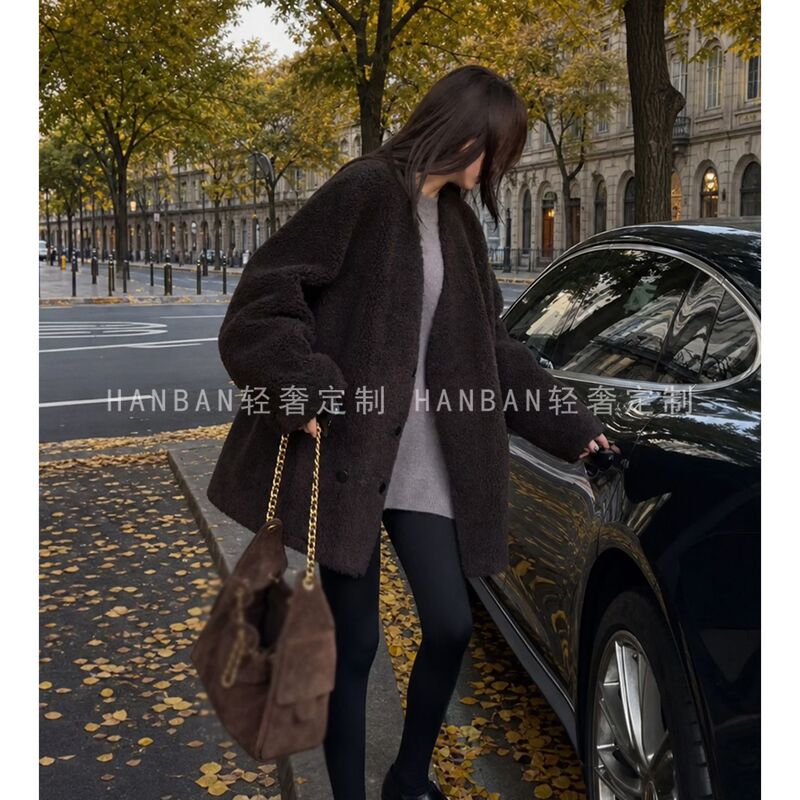 [100% Wool] Dark Coffee-Colored Lamb Wool Coat for Women, Vintage Melard Style, Integrated Leather and Fur, Mid-Length V-Neck Fur Coat