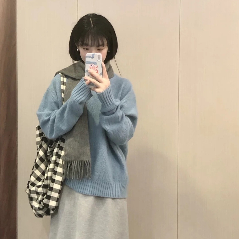 Lake Blue! Loose Fit, Flattering, Lazy Style, Korean Version, Suitable for Commuting and Casual Wear, Long-Sleeved Sweater for Women, Gentle, Soft, Pullover Knit Top Lake Blue! Loose Fit, Flattering, Lazy Style, Korean Version, Suitable for Commuting and Casual Wear, Long-Sleeved Sweater for Women, Gentle, Soft, Pullover Knit Top