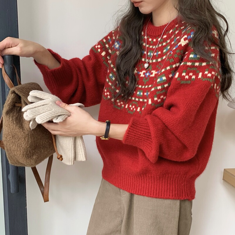 Atmospheric! Christmas Red Retro Petite Lazy-Style Sweater for Women, Loose Fit, Fair Isle Niche Autumn and Winter Top