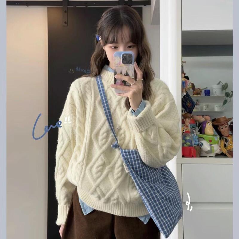 Milk White! Lazy Style Twist Knit Pullover Sweater for Women, Loose, Gentle, Soft and Cozy for Autumn and Winter