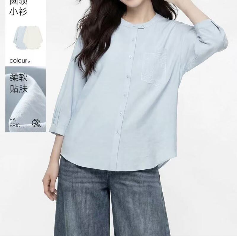 Women's Spring and Summer Round Neck Half-Sleeve Simple Artistic Loose Casual Lace Embroidered Shirt 152131143C02