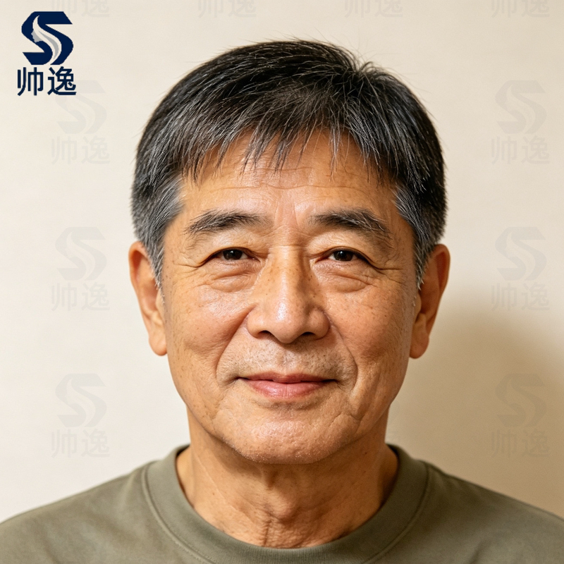 Men's Full Head Wig, Short Hair Style, Middle-Aged and Elderly, Fully Hand-Woven Real Hair, Gray-Black, Bald Head, Breathable, Natural Hair