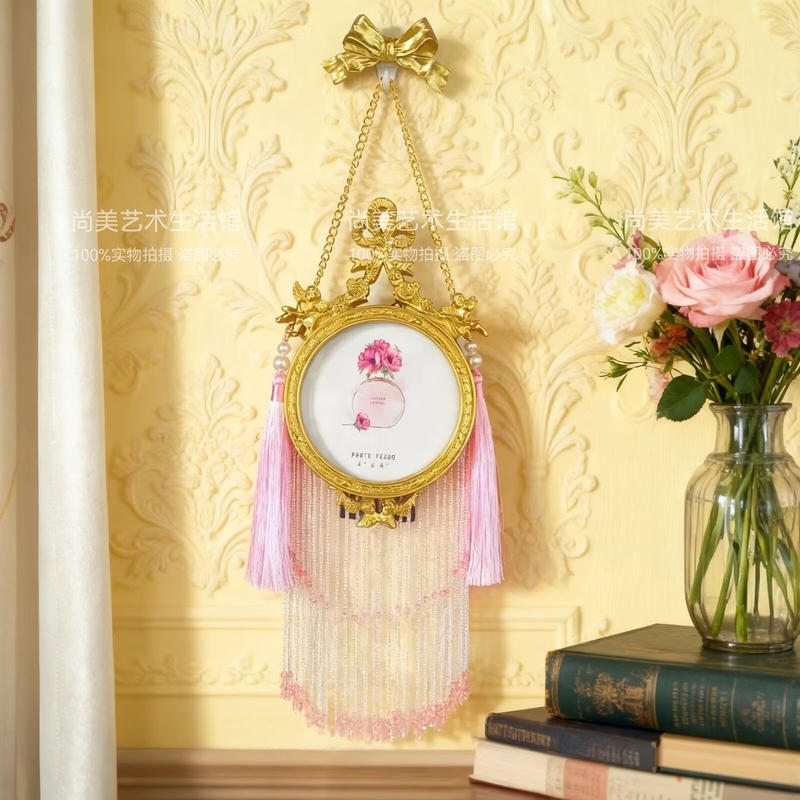 New Original Retro Hanging Painting European-Style Round Photo Frame Bedroom Room Resin Tassel Wall Decoration Picture Frame Gold