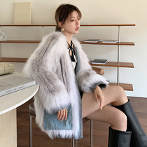 Marble fox fur straw jacket female mid-length car strips Henning leather grass coat young fashion 2021 new