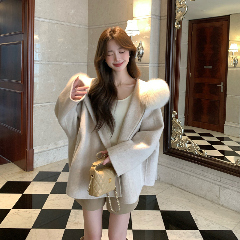 Mini Fur Coat with Fox Fur Collar, Double-Sided Woolen Coat for Women, Hooded Woolen Coat for Petite Women