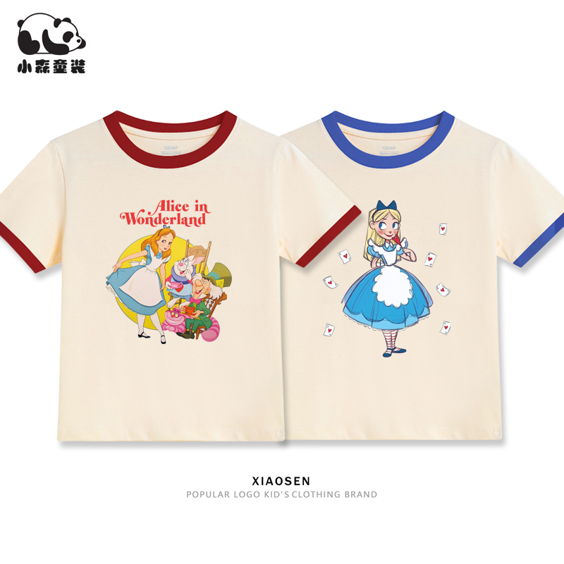 Alice Princess Retro Style Girls' Short-Sleeved T-Shirt Kidsren's Summer Pure Cotton Casual Top Medium and Large Kidsren's Summer Clothing
