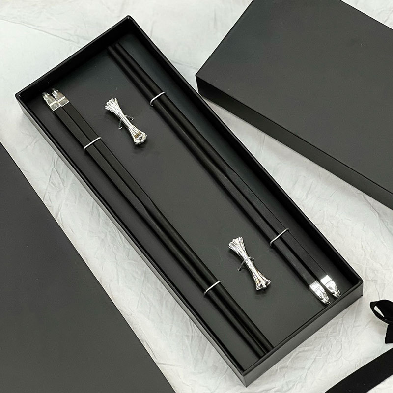 Retro Dark Luxury, Brass Silver-Plated Cross, Ebony Chopsticks and Tableware with Chopstick Holder, a Pair in a Gift Box