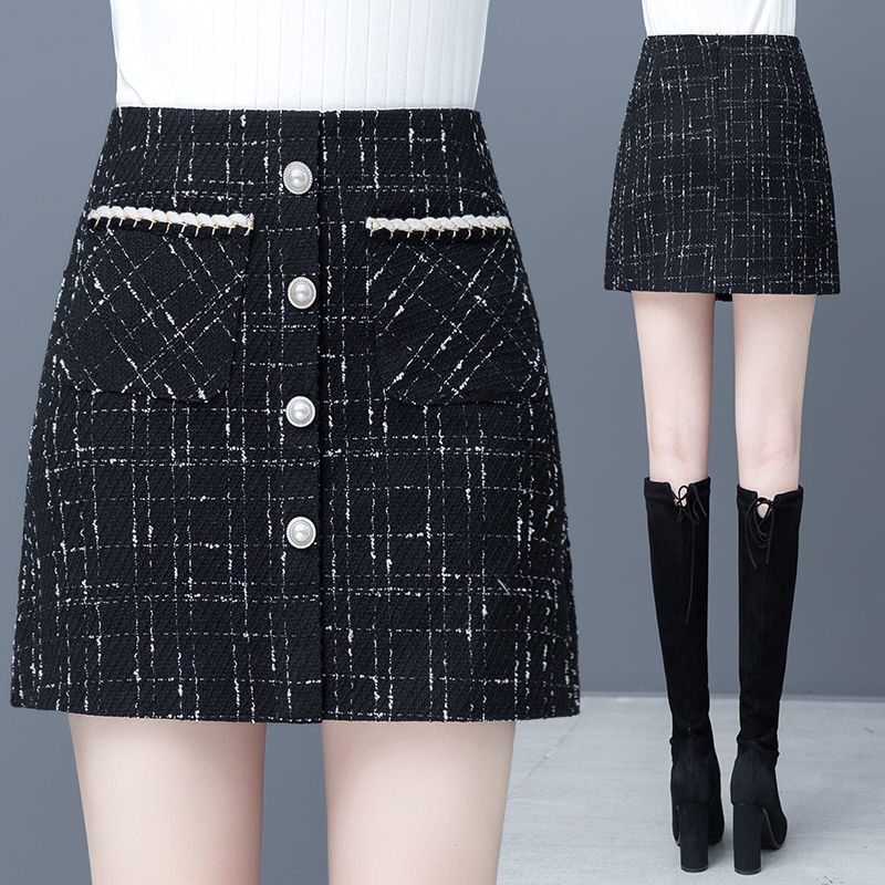 Tweed Skirt for Women, Spring, Autumn and Winter, Tweed Hip-Hugging Skirt, High-Waisted, Slimming, Woolen Plaid A-Line Short Skirt for Women