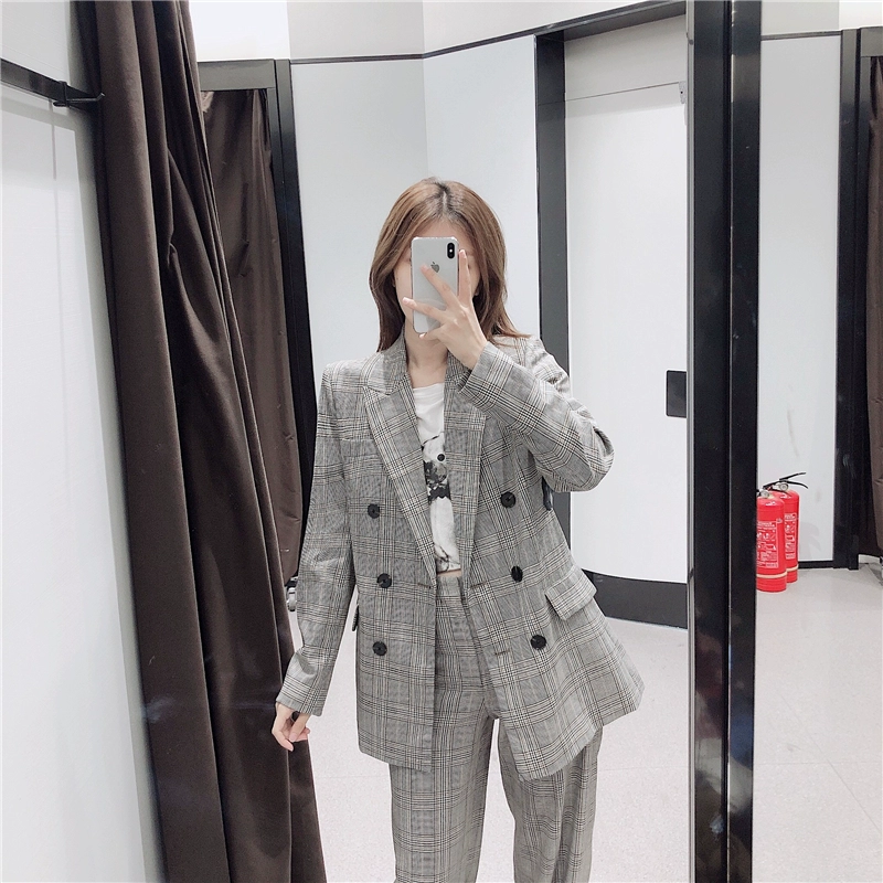 Mùa thu 2019 mới Quần áo nữ ZA kẻ sọc nước hoa nhỏ đôi blazer trống 2761263 - Business Suit