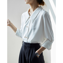 S AUTUMN white career commute pure colour stack wearing shirt woman retro pointed collar satin face loose lining spring