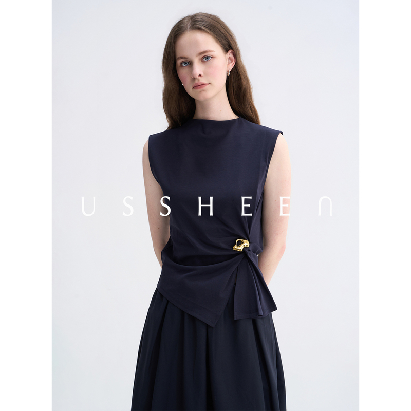Ussheen Light and Mature Elegant Style Sleeveless Shirt for Women, Dark Blue Waist-Cinching Design, Slimming Commuter Top Ussheen Light and Mature Elegant Style Sleeveless Shirt for Women, Dark Blue Waist-Cinching Design, Slimming Commuter Top