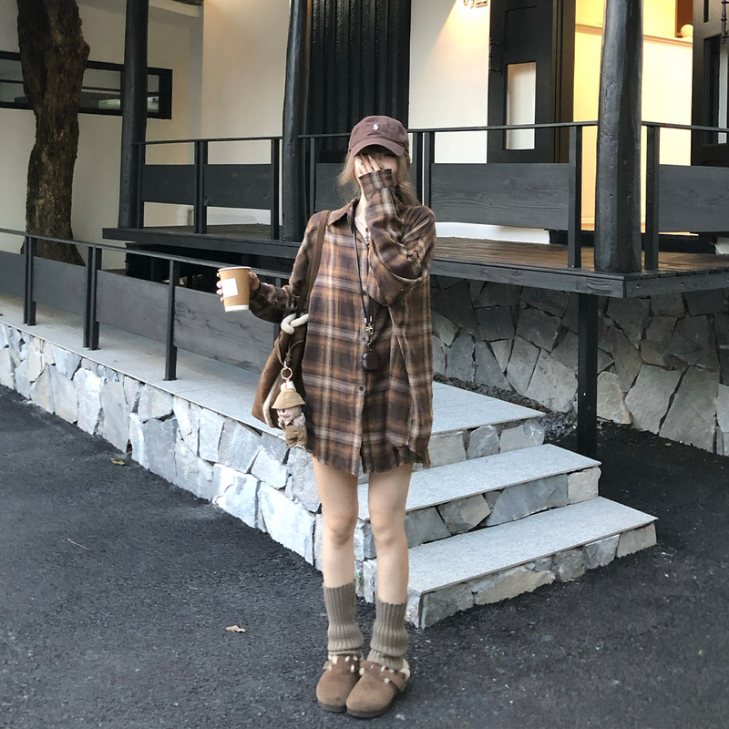 Anhuo Fire American Retro Plaid Frayed Long-Sleeve Shirt for Women, Autumn Slim-Fit Lazy Cardigan Top Anhuo Fire American Retro Plaid Frayed Long-Sleeve Shirt for Women, Autumn Slim-Fit Lazy Cardigan Top