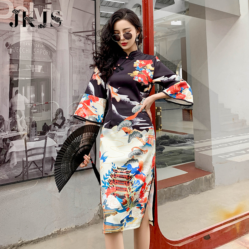 Long cheongsam, fashionable ethnic dress, mid-length, Chinese style, ethnic style Long cheongsam, fashionable ethnic dress, mid-length, Chinese style, ethnic style