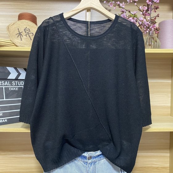 2025新款女装夏装半袖套头圆领打底衫上衣五分袖纯色大码针织衫女