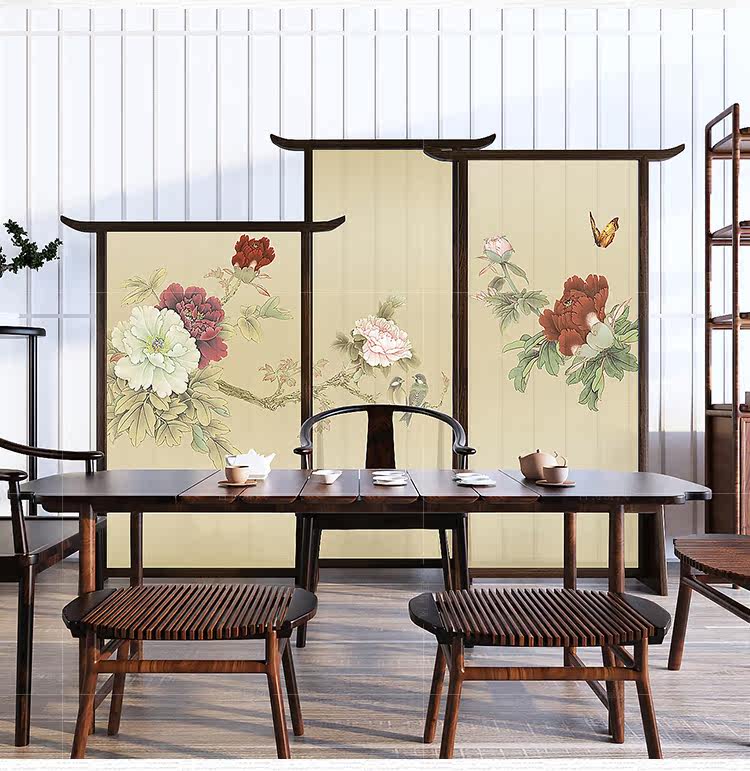 新中式屏風隔斷客廳座屏古典簡約辦公室隔斷臥室酒店花開富貴屏風 Yahoo奇摩拍賣