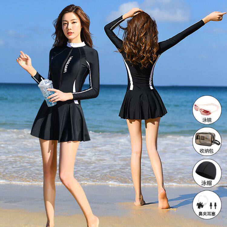 Swimsuit women's conservative skirt one-piece flat angle belly cover plus size student thin Korean long-sleeved trousers suit sunscreen