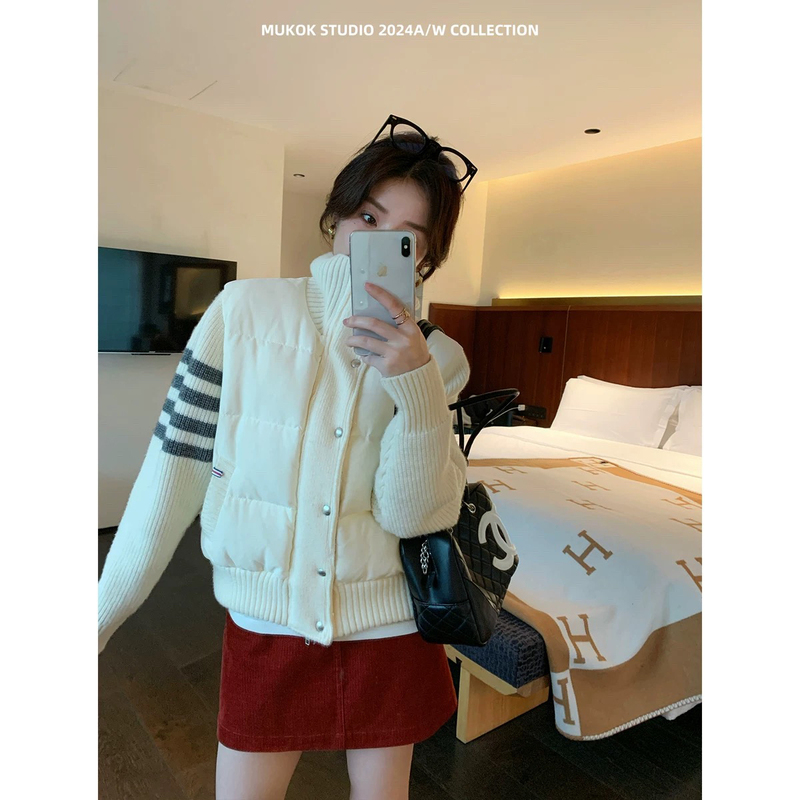 Tb Knitted Patchwork Four-Stripe White down Jacket for Women, Winter, Petite, Stylish, Lightweight, Short Cotton Coat