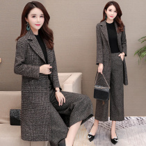 Wide-leg pants top two-piece autumn 2021 new Korean fashion western style thin plaid woolen suit