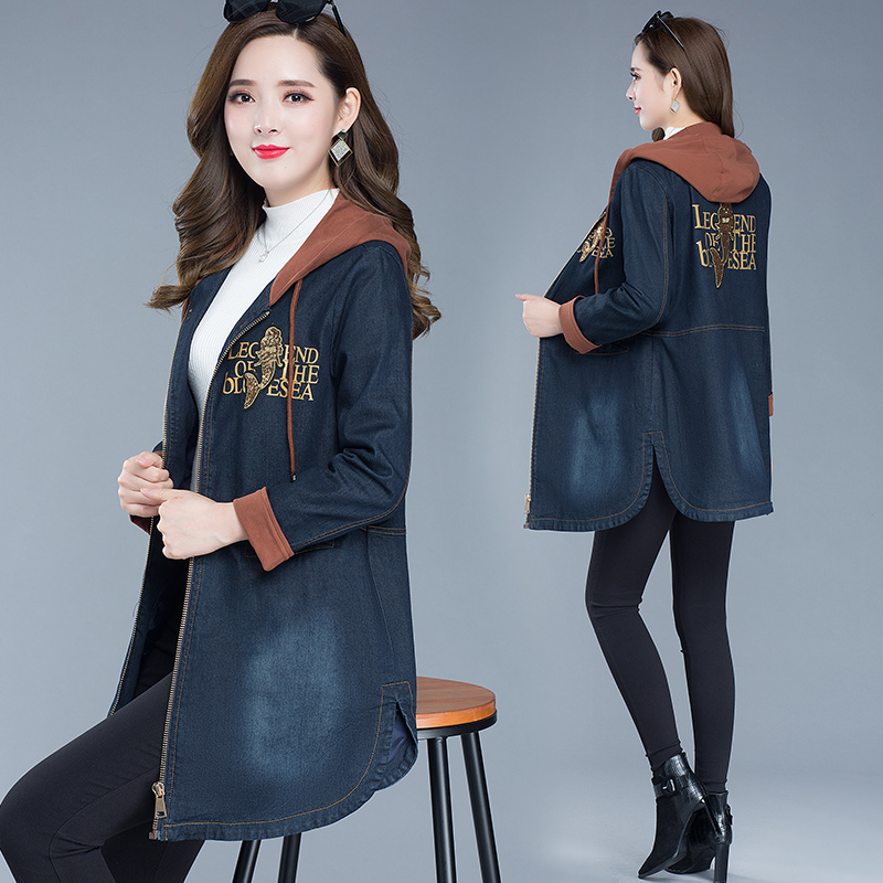 phụ nữ áo khoác denim mất Hàn Quốc phiên bản của mùa thu 2019 mới 2019 100 năm dài thường đội mũ trùm đầu top