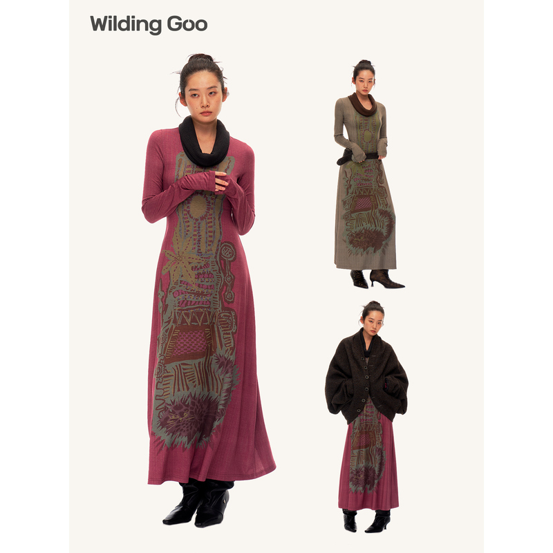 Wildinggoo Original Printed Long Dress with a High Elastic Slim Fit and Retro Long Sleeves for Women Wildinggoo Original Printed Long Dress with a High Elastic Slim Fit and Retro Long Sleeves for Women