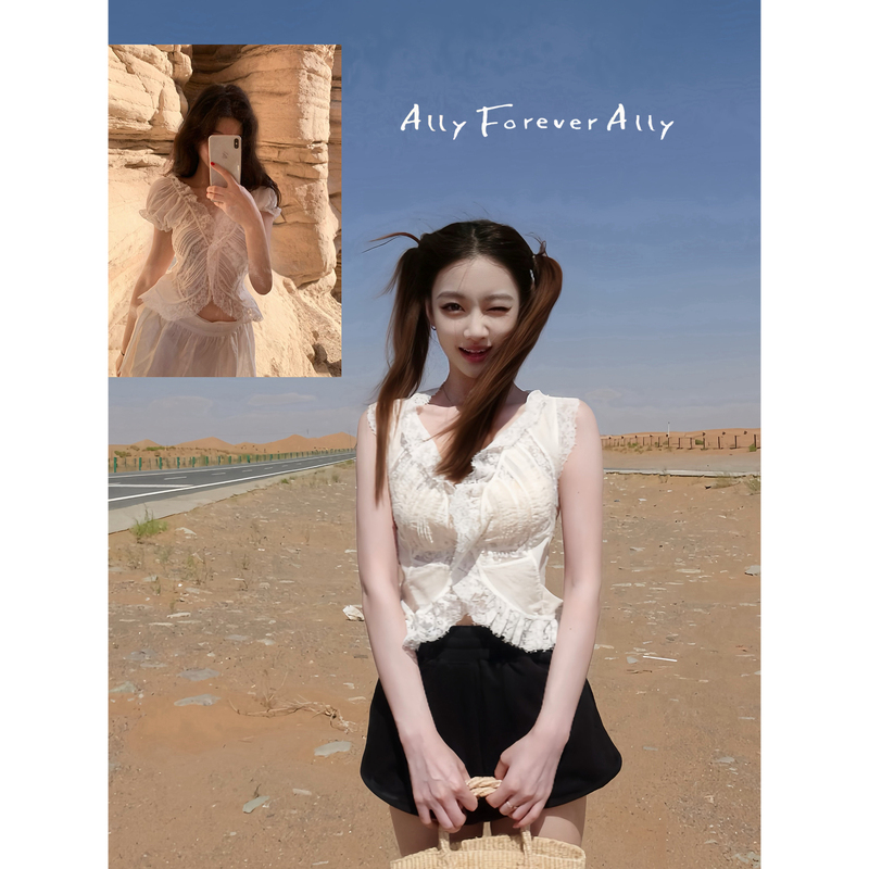 Ally Midsummer Series [Lace] Lace Waist-Cinching Super Pretty Top, Short-Sleeved and Sleeveless Versions, Limited Edition