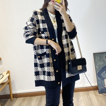 Actual shot of 2023 autumn knitted jacket for women long-sleeved S Jia Xiaoxiang style loose sweater houndstooth mid-length coat