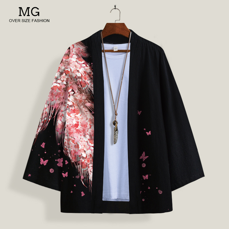Winter Men's Loose-Fitting Large-Size Cardigan Coat, Thickened Three-Quarter Sleeve Cape, Trendy Brand Feather Wing Print Hanfu