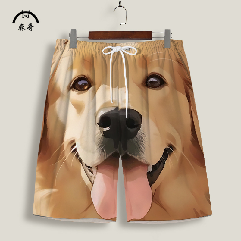 Men's Casual Shorts with Large Golden Retriever Dog Head Print, Cute Pattern, Casual Sports Beach Shorts, Plus Size, Five-Point Pants