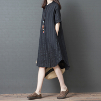 Summer dress new Korean version of large size striped cotton linen shirt dress women long loose thin short sleeve linen dress