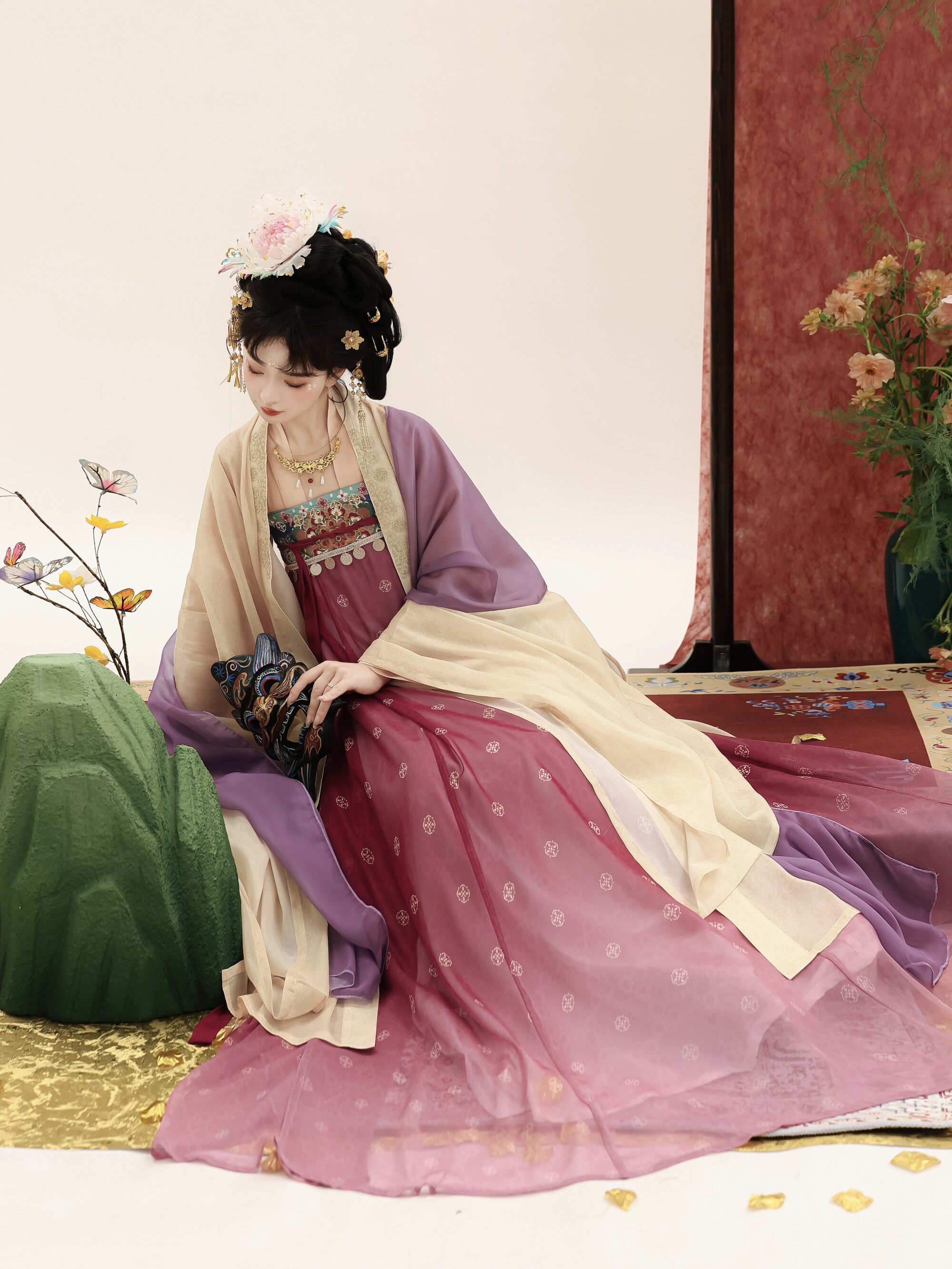 Китайцы одежда наборы 风来榕下原创繁花夜宴唐制汉服女复原齐胸破裙对襟上衣大袖衫刺绣