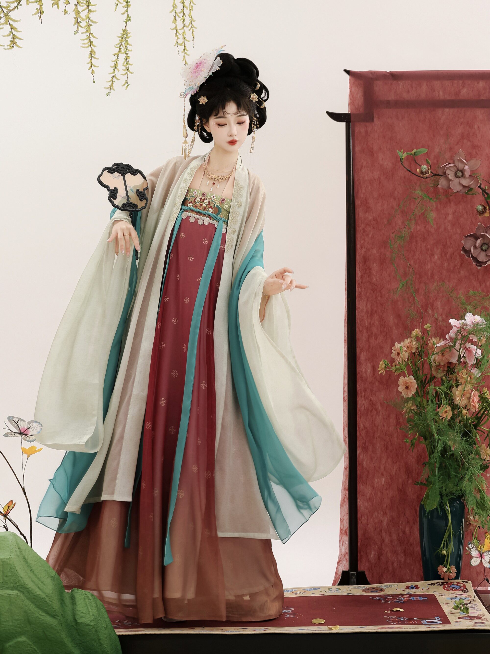 Китайцы одежда наборы 风来榕下原创繁花夜宴唐制汉服女复原齐胸破裙对襟上衣大袖衫刺绣