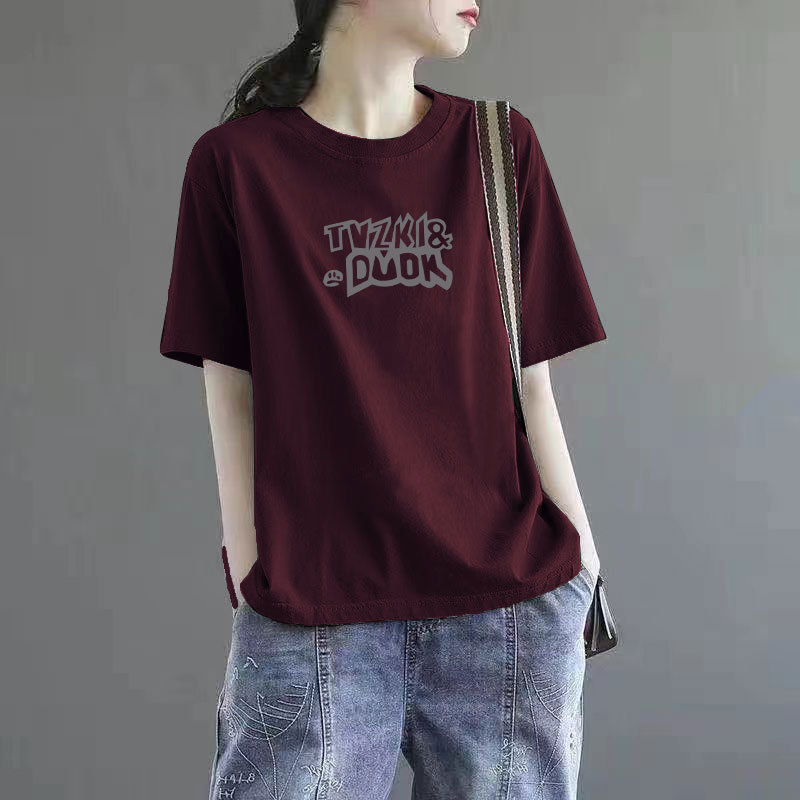 Pure Cotton Short-Sleeved T-Shirt for Women 2024 New Trendy Burgundy Half-Sleeve Round Neck Loose Slimming Top