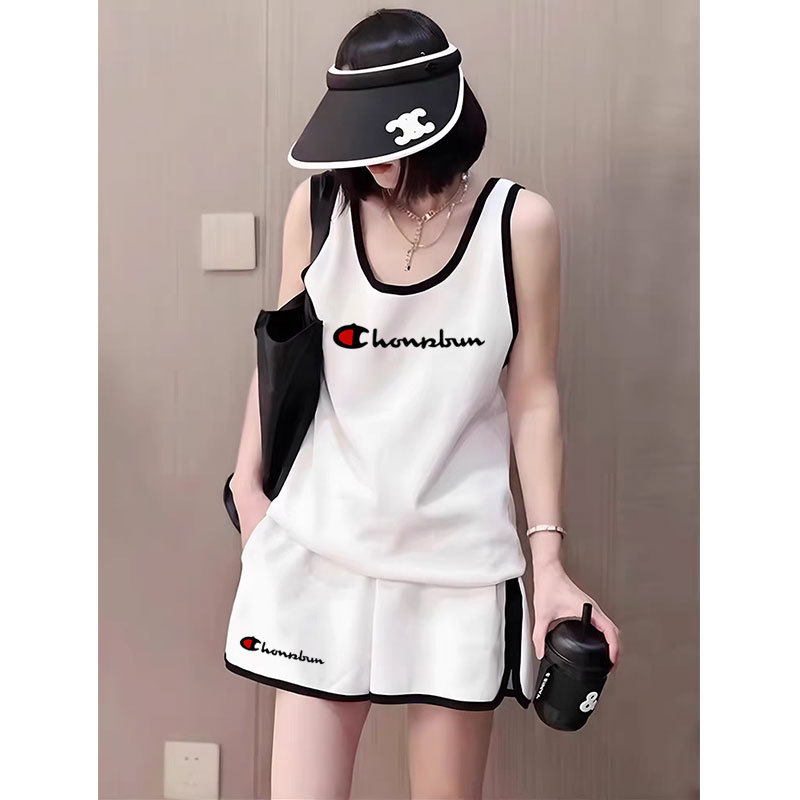 Jogging Champion Casual Sports Suit Women's Summer Design Contrasting Color Sleeveless Vest Shorts Running Two-Piece Trendy Set
