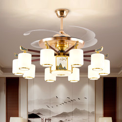 New Chinese-Style Living Room Chandelier, Zen Modern Minimalist Duplex Main Light, Landscape Pattern Fan Light, Ceiling Light, Pure Solid Wood