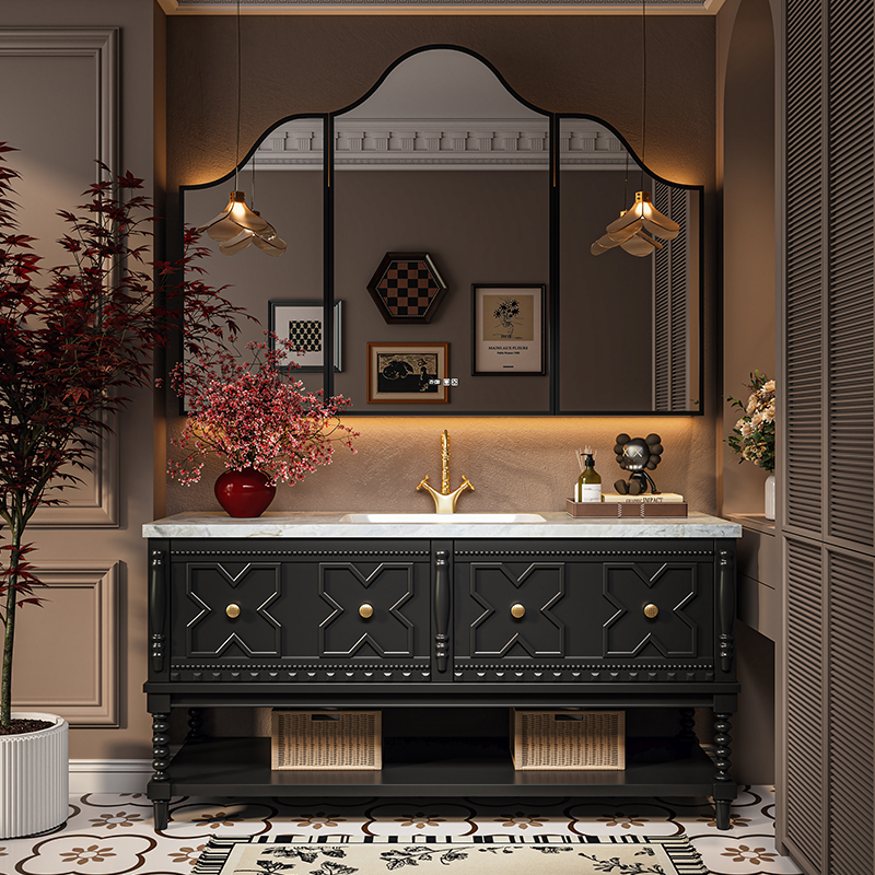 French-Style Vintage Carved Oak Bathroom Cabinet Floor-Standing Washbasin Cabinet with Smart Mirror Cabinet Combination