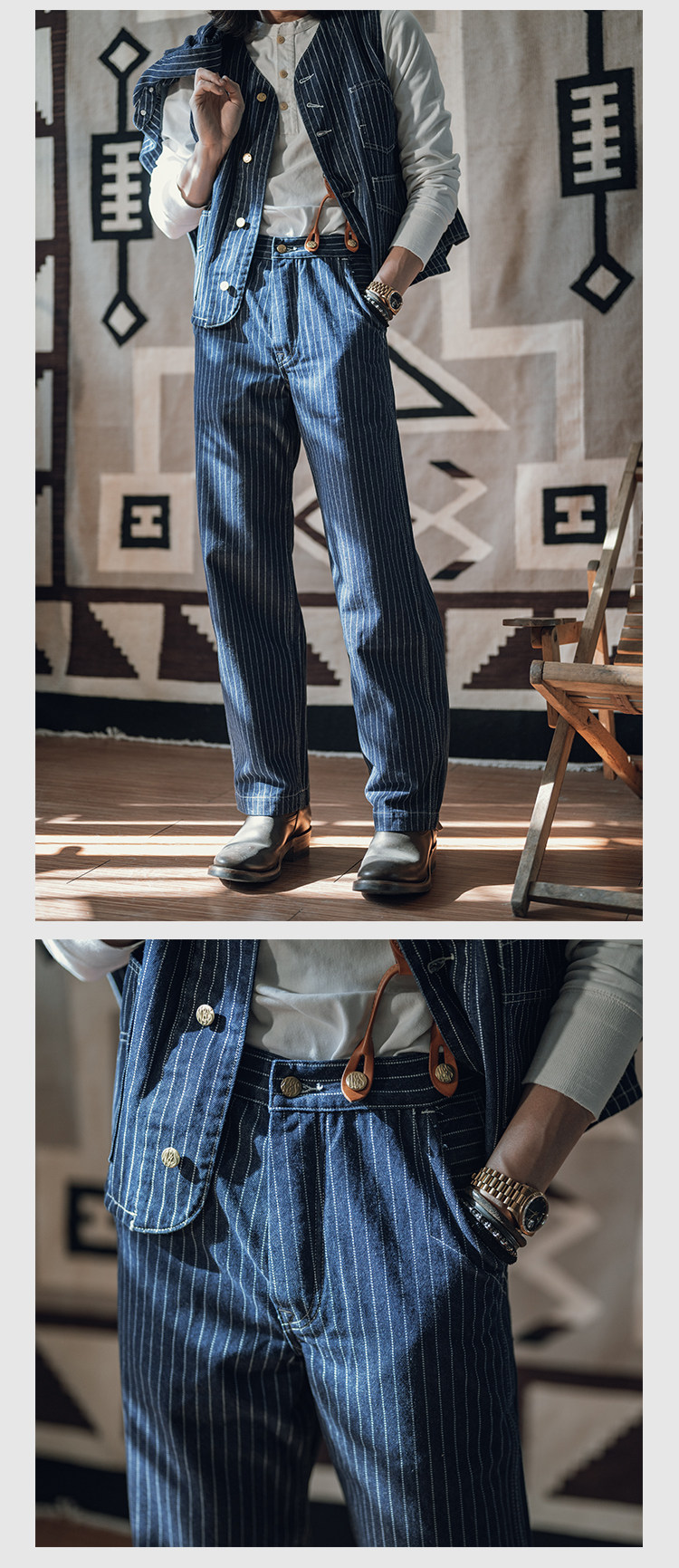 Non Stock Retro 1920s Overall Wabash Stripe Jeans Men Work Denim